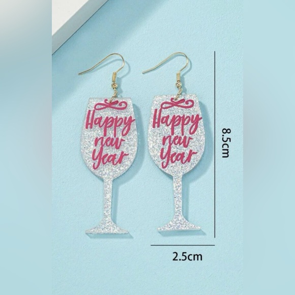 Glittery Silver 'Happy New Year' Wine Glass Earrings - Picture 4 of 4